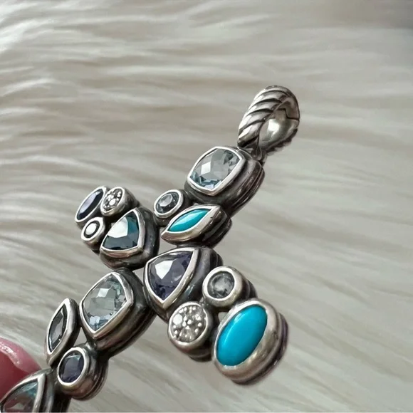 RARE David Yurman confetti diamond topaz turquoise cross pendant - Picture 2 of 11